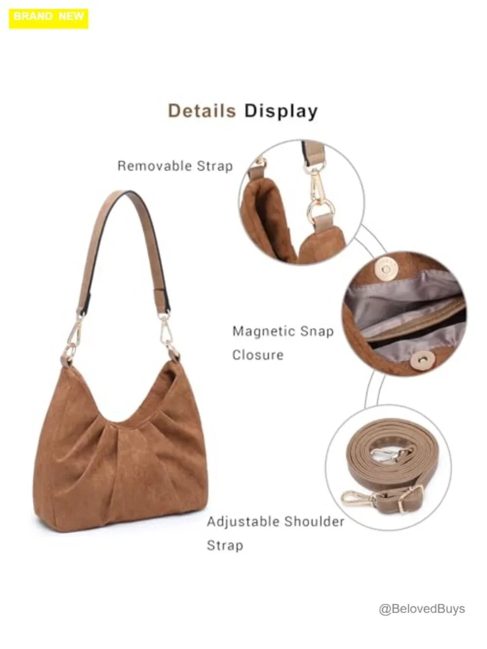 Faux Leather Ruched Hobo Handbag with Removable Straps Crossbody